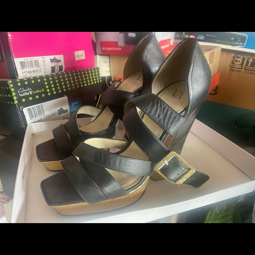 Velvet Angels platform sandals with gold accent buckle